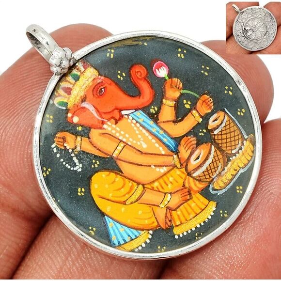 Lord Ganesha Hand Painted 925 Sterling Silver Pendant - Picture 1 of 6